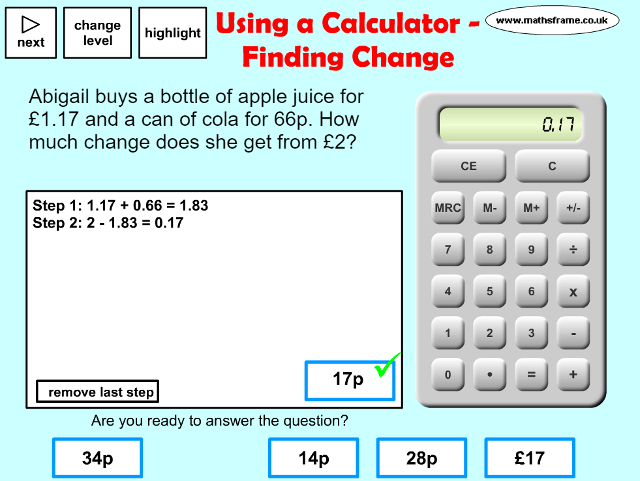 using a calculator finding change mathsframe